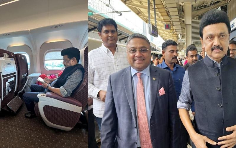 நாளிதழ் செய்திகளை 'ஐ-பேடில்' படித்தப் படியே புல்லட் ரயிலில் முதலமைச்சர் மு.க.ஸ்டாலின் பயணம்!