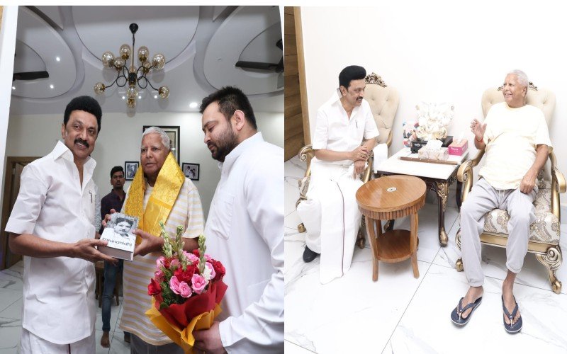 லாலுவின் பாதங்களை வணங்கி ஆசிப் பெற்றார் முதலமைச்சர் மு.க.ஸ்டாலின்!