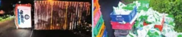 சாலையில் மாடுகள் படுத்திருந்ததால் லாரி கவிழ்ந்து ஆவின் பால் வீணானது: