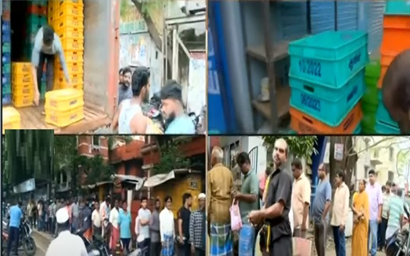 ஆவின் பாலகங்களில் நீண்ட வரிசையில் காத்திருந்து பால் வாங்கிச் செல்லும் மக்கள்!