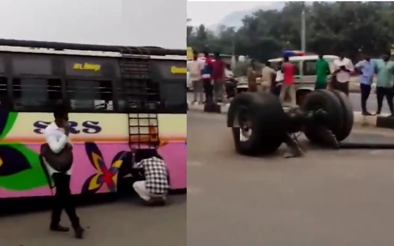 சாலையில் சென்றுக் கொண்டிருந்த பேருந்தில் பின்பக்க சக்கரங்கள் கழன்று ஓடியதால் பரபரப்பு!