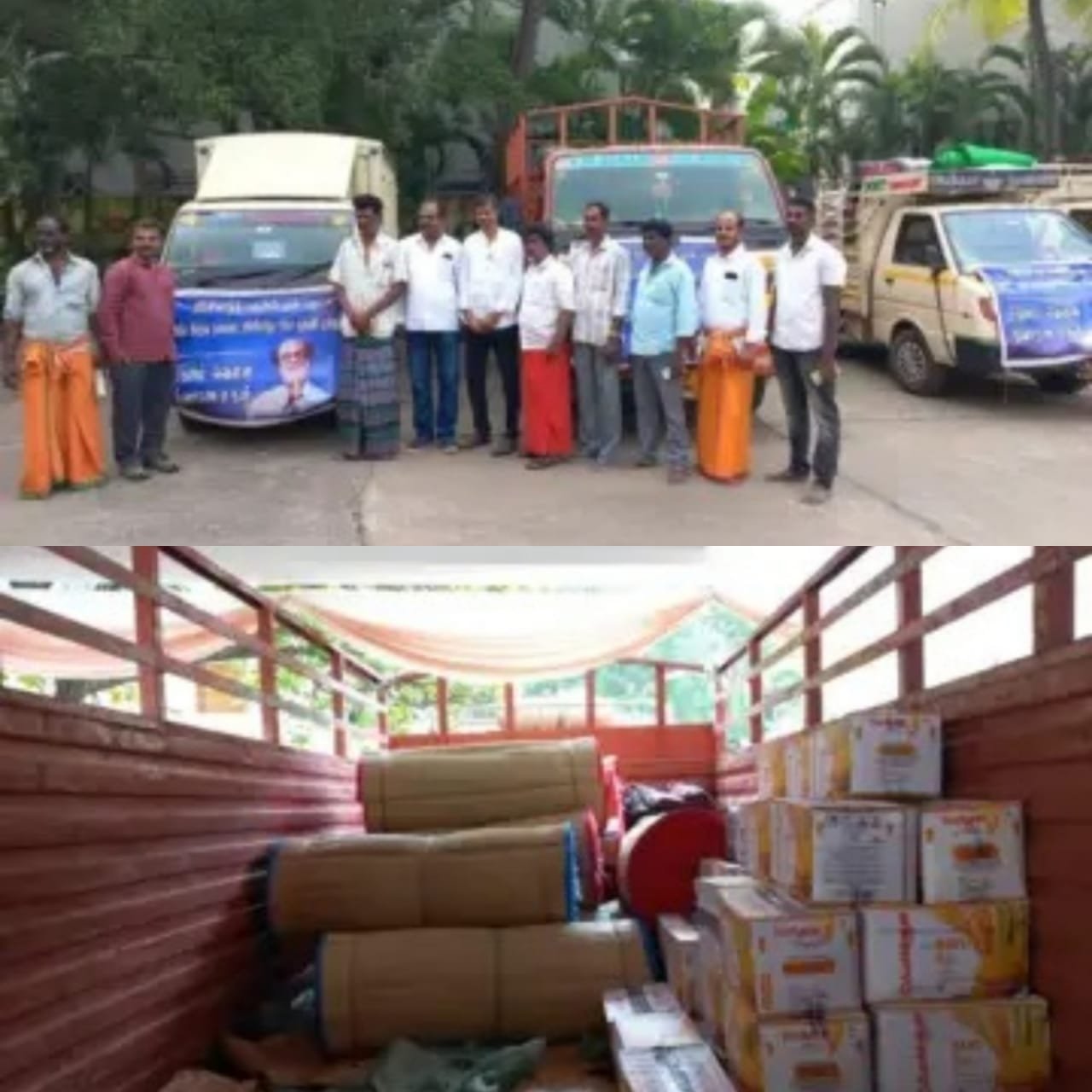 வெள்ள நிவாரண பணிகளை தொடங்கிய ரஜினி..... லாரி லாரியாக செல்லும் நிவாரண பொருட்கள்!