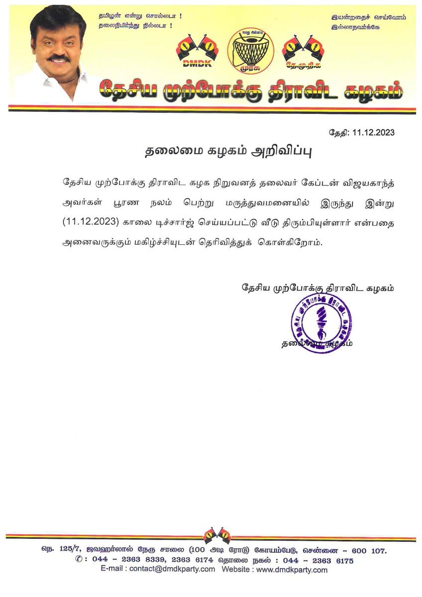 விஜயகாந்த் பூரண குணமடைந்து வீடு திரும்பினார்..... மகிழ்ச்சியுடன் அறிவித்த தேமுதிக நிர்வாகம்!