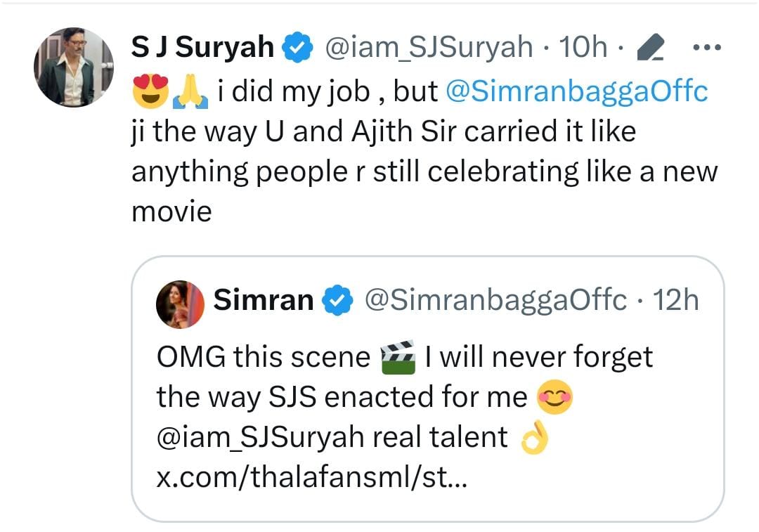 வாலி படத்தின் அந்த காட்சியை மட்டும் மறக்கவே முடியாது..... எஸ்.ஜே. சூர்யாவை புகழ்ந்த சிம்ரன்!