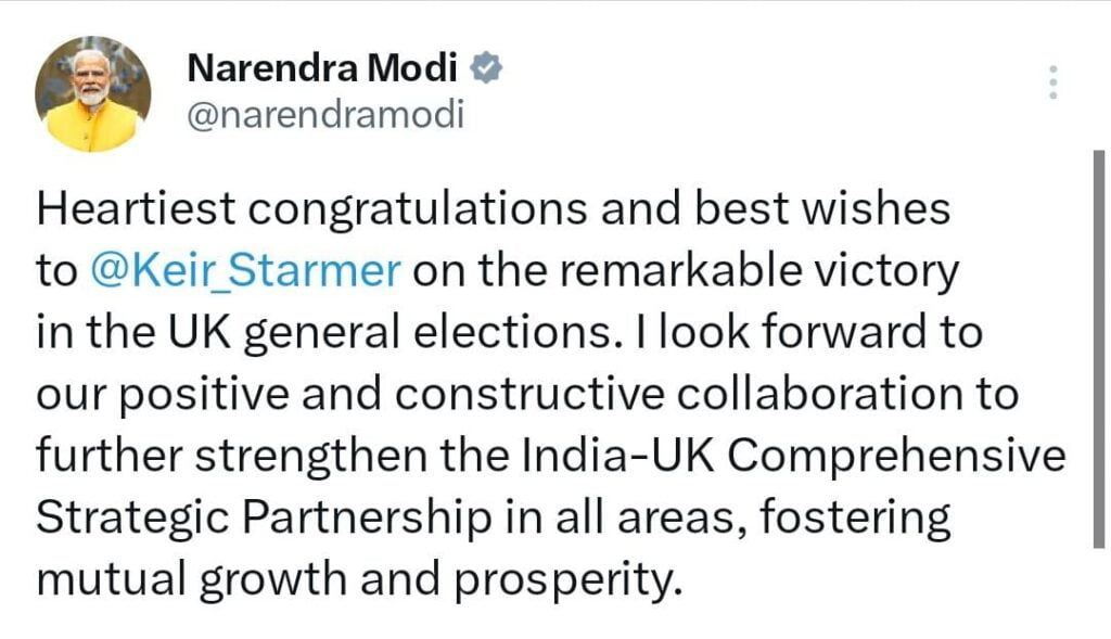 பிரிட்டன் பிரதமர் கெயர் ஸ்டார்மர்க்கு பிரதமர் நரேந்திர மோடி வாழ்த்து