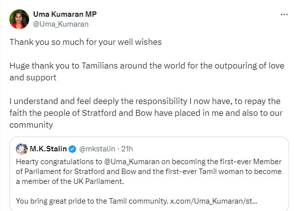 முதல்வர் ஸ்டாலினுக்கு பிரிட்டன் தமிழ் எம்.பி. நன்றி