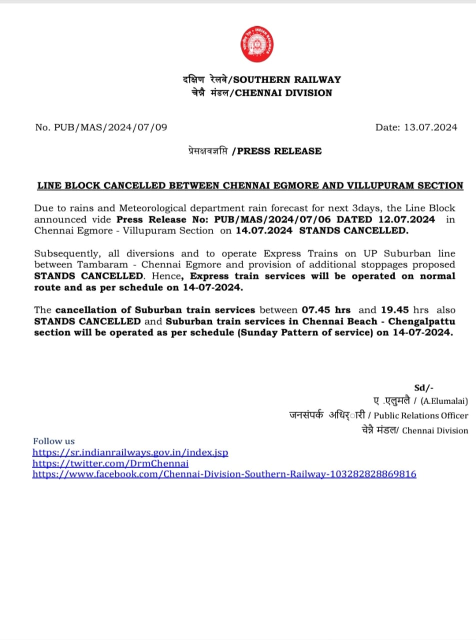 சென்னை எழும்பூர் - விழுப்புரம் இடையே ரயில் சேவை மாற்றம்