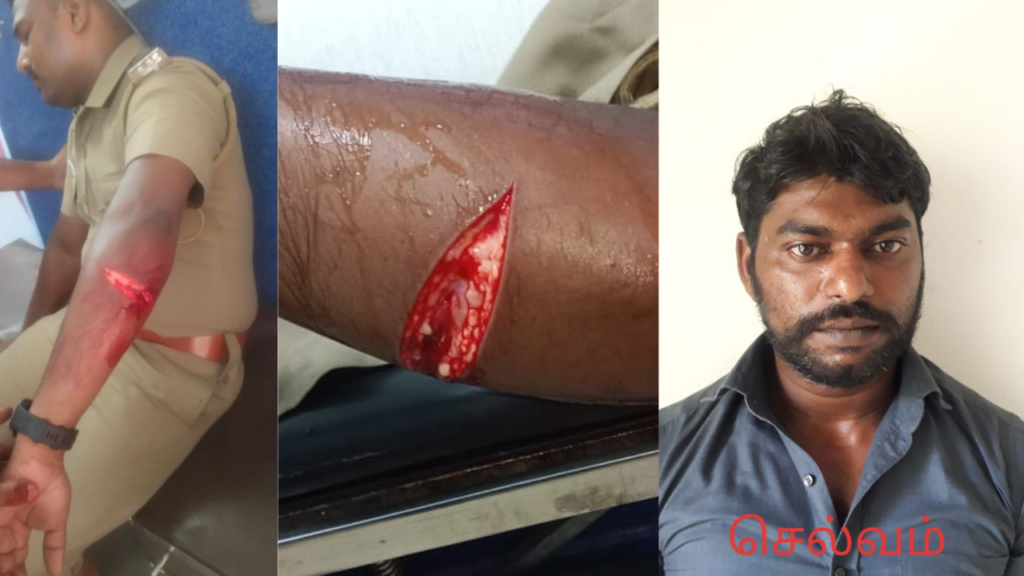 காவலரை கத்தியால் தாக்கிய  பிரபல ரவுடி…. சுட்டு பிடித்த காவல் ஆய்வாளார்