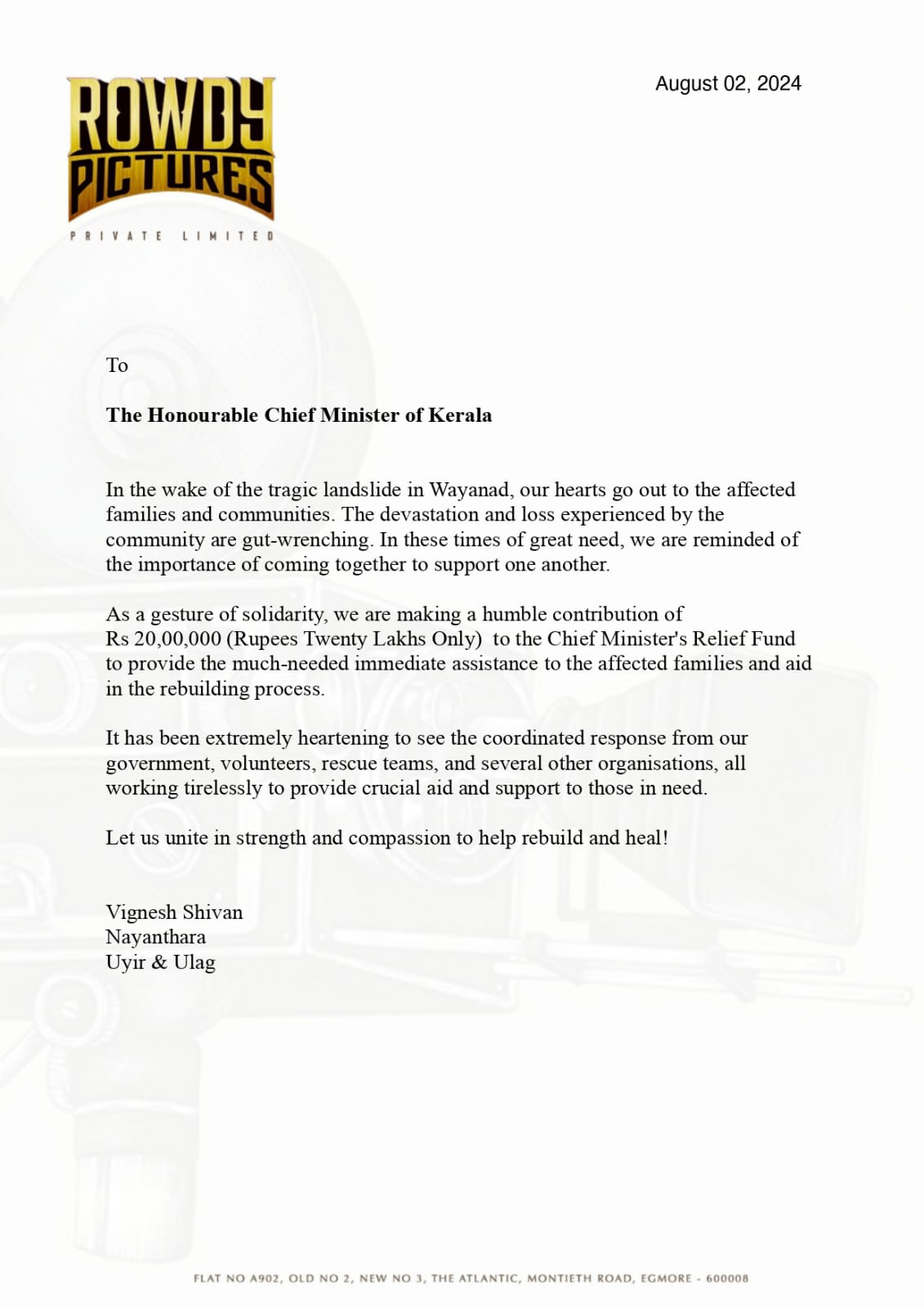 வயநாடு நிலச்சரிவில் பாதிக்கப்பட்ட மக்களுக்கு நிதி உதவி வழங்கிய நயன் - விக்கி தம்பதி!