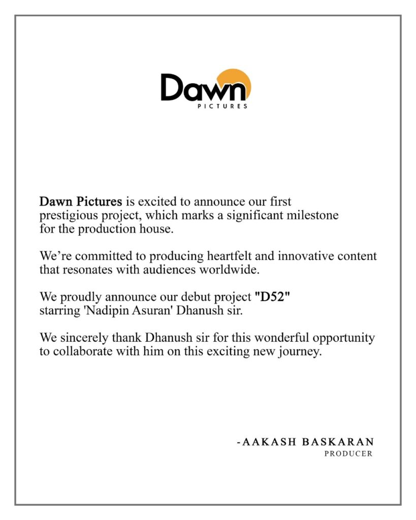 தனுஷ் நடிக்கும் 'D52' படத்தின் அதிகாரப்பூர்வ அறிவிப்பை வெளியிட்ட படக்குழு!