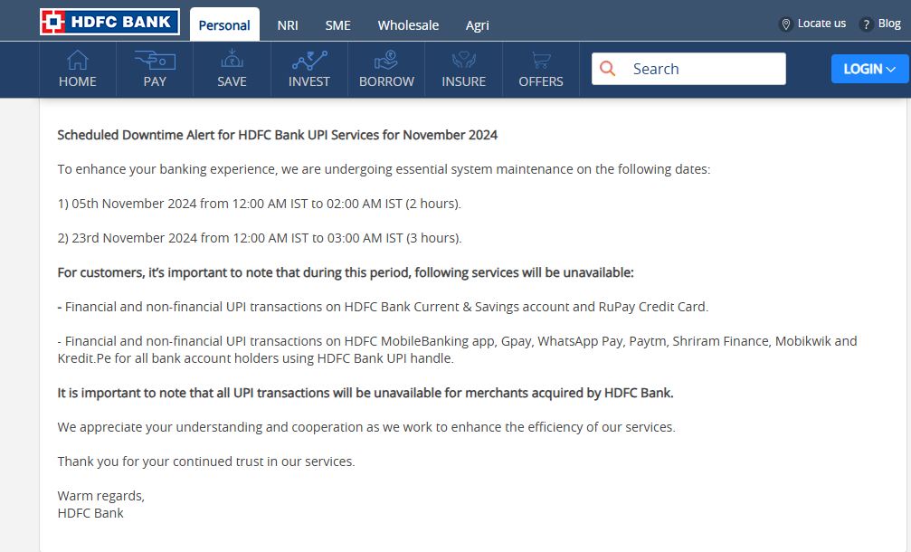 நவம்பர் 5 மற்றும் 23 ல் 2 மணி நேரம் UPI சேவை இயங்காது - HDFC வங்கி அறிவிப்பு