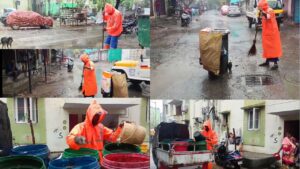 கொட்டும் மழையில் பணி -  துப்புரவு தூய்மை பணியாளர்கள்