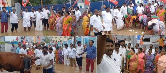 திருவேற்காட்டில் அதிமுகவினர் மீன்பிடித்து, மாடு கழுவியும் நூதன போராட்டம்