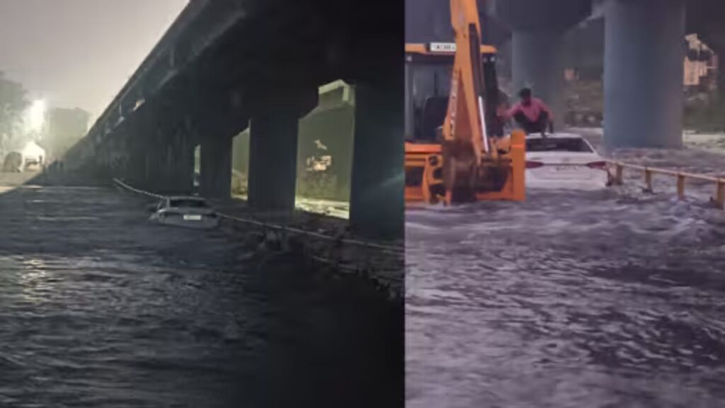 தரைப்பால வெள்ளத்தில் சிக்கிய கார் : ஜேசிபி உதவியுடன் மீட்பு