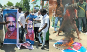 புதுச்சேரியில் சீமான் உருவப்படத்தை செருப்பால் அடித்து போராட்டம்!