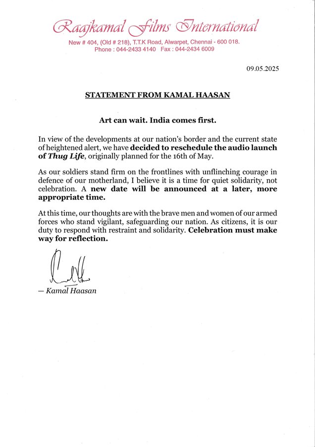 இந்தியா - பாகிஸ்தான் மோதல்.... ஒத்திவைக்கப்பட்ட 'தக் லைஃப்' இசை வெளியீட்டு விழா!