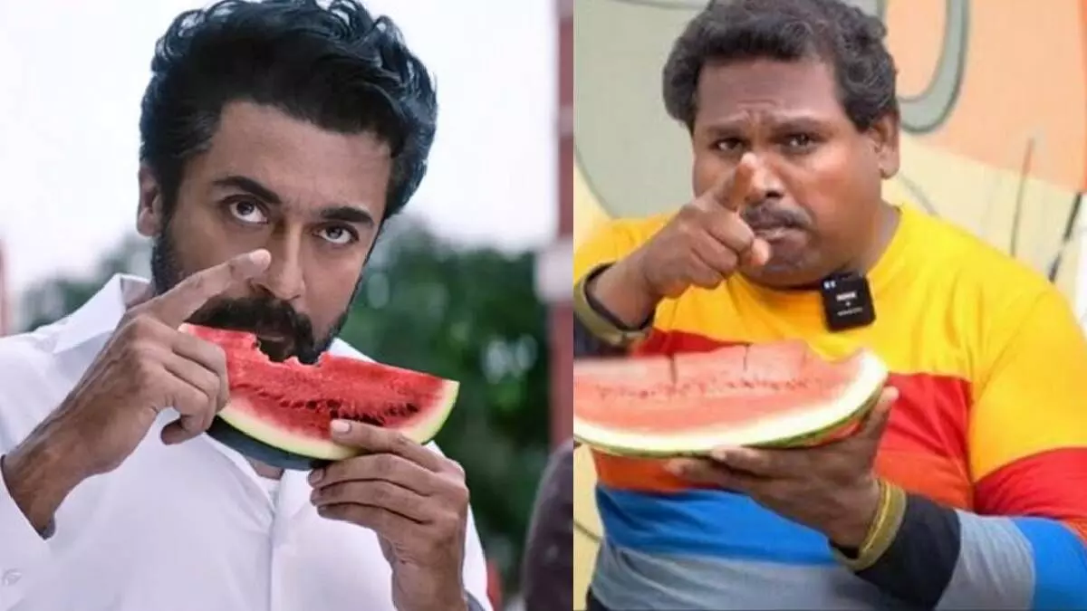 ‘வாட்டர்மிலன் ஸ்டார்’ நடித்து காட்டிய கஜினி பட சீன்… ரீகிரியேட் செய்த சூர்யா…