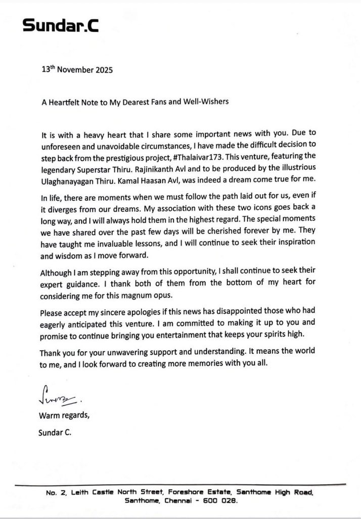 'தலைவர் 173' படத்திலிருந்து விலகுகிறேன்.... ரசிகர்களுக்கு ஷாக் கொடுத்த சுந்தர்.சி!
