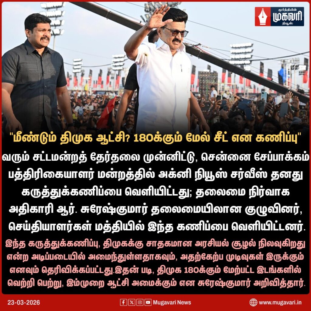 2026 தேர்தல் களம் -180 தொகுகளில் திமுக முன்னிலை…அக்னி நியூஸ் நிறவனத்தின் சர்வே ரிபோர்ட்…
