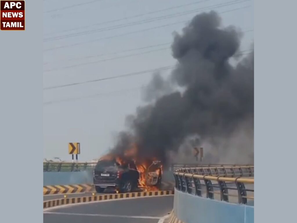 சென்னை: கொருக்குப்பேட்டை மேம்பாலத்தில் தீடீரென தீப்பிடித்து எரிந்த கார் 