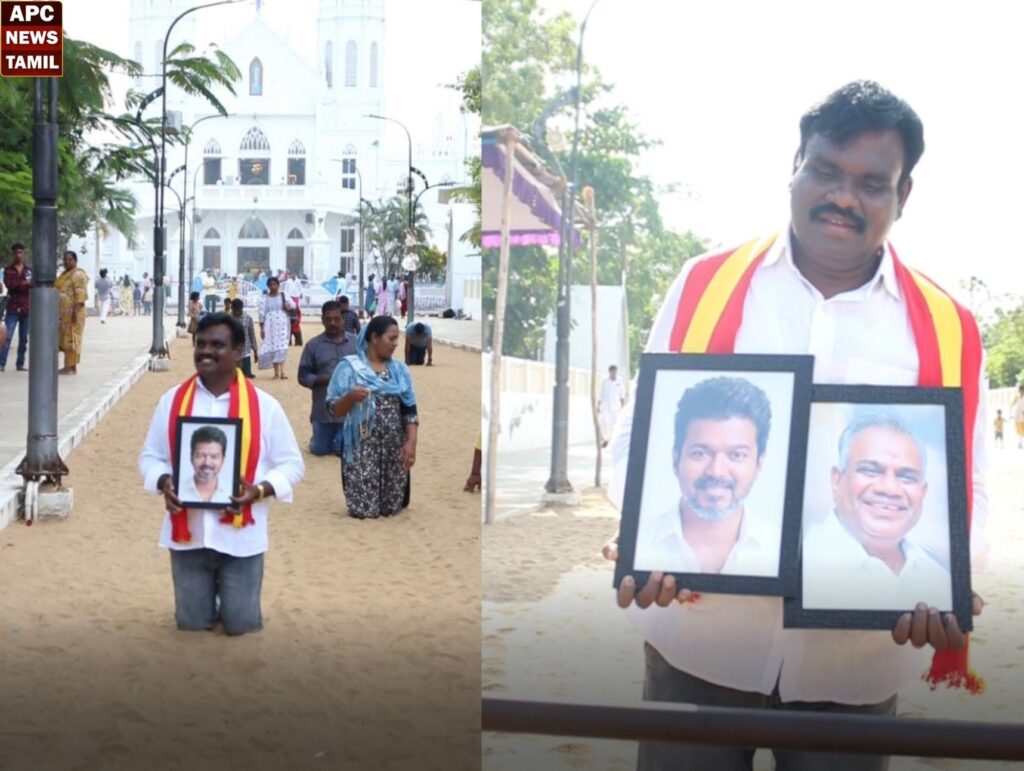 திருவொற்றியூரில் த.வெ.க. வேட்பாளர் முழங்கால் மண்டியிட்டு சென்று பிரார்த்தனை…. 