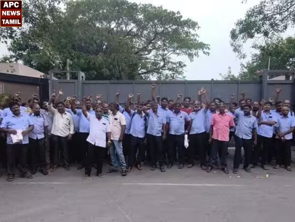 எம்.ஆர்.எப் டயர் தொழிற்சாலையில் பணி நிரந்தரம் கோரி போராட்டம்