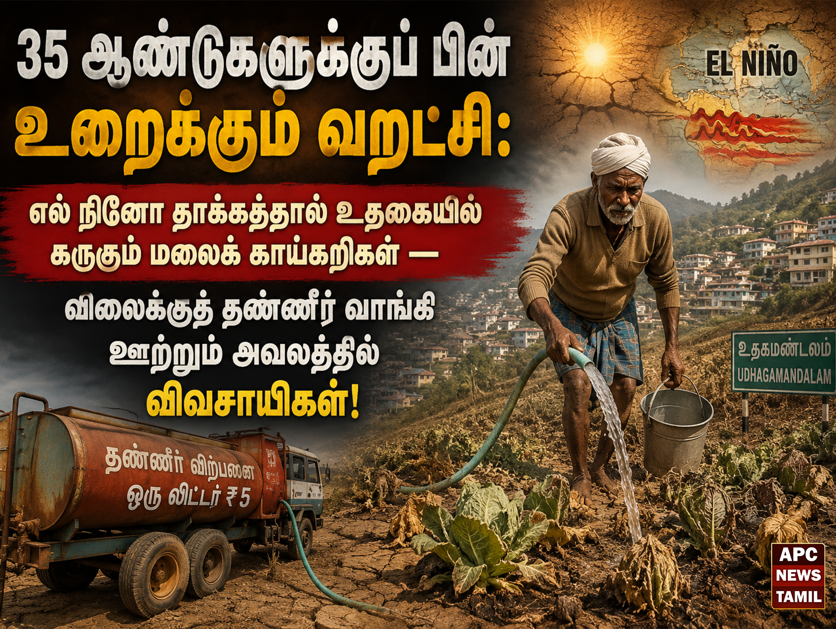 35 ஆண்டுகளுக்குப் பின் உறைக்கும் வறட்சி: எல் நினோ தாக்கத்தால் உதகையில் கருகும் மலைக் காய்கறிகள் — விலைக்குத் தண்ணீர் வாங்கி ஊற்றும் அவலத்தில் விவசாயிகள்!