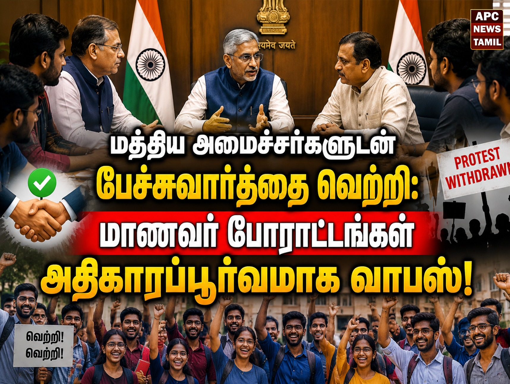 மத்திய அமைச்சர்களுடன் பேச்சுவார்த்தை வெற்றி: மாணவர் போராட்டங்கள் அதிகாரப்பூர்வமாக வாபஸ்!