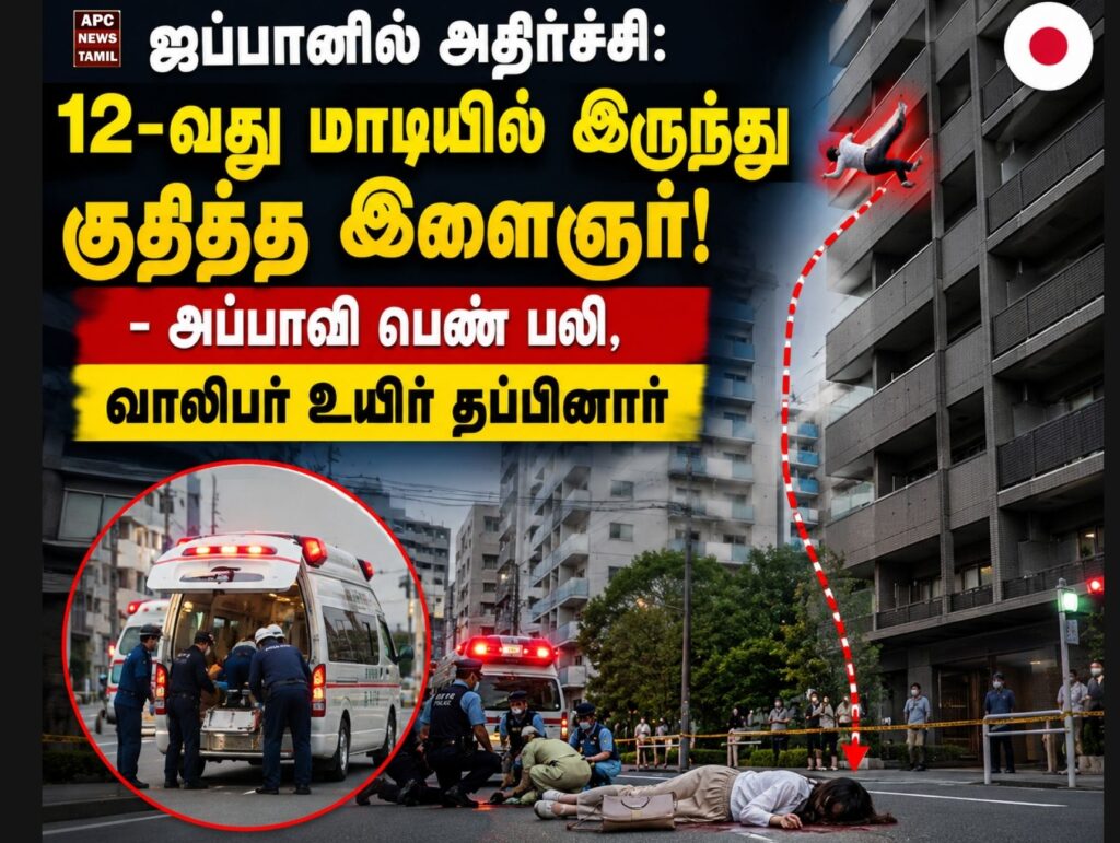 ஜப்பானில் அதிர்ச்சி: 12-வது மாடியில் இருந்து குதித்த இளைஞர்! - அப்பாவி பெண் பலி, வாலிபர் உயிர் தப்பினார்