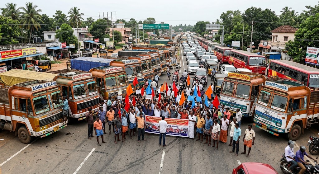 களியக்காவிளையில் லாரி ஓட்டுநர்கள் அதிரடி மறியல்: நாகர்கோவில் - திருவனந்தபுரம் தேசிய நெடுஞ்சாலையில் ஸ்தம்பித்த போக்குவரத்து!