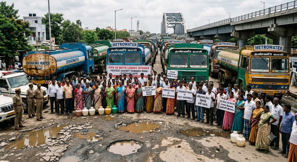 யானைகவுனி பாலம் அருகே சேதமடைந்த சாலையைக் கண்டித்து 50-க்கும் மேற்பட்ட தண்ணீர் லாரிகள் சிறைபிடிப்பு: குடியிருப்பு வாசிகள் அதிருப்தி!