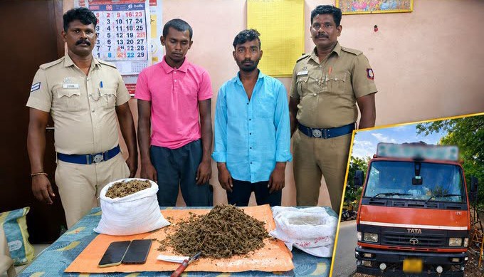 தூத்துக்குடியில் லாரியில் கஞ்சா விற்ற 2 பேர் கைது: 2.8 கிலோ கஞ்சா, லாரி பறிமுதல்