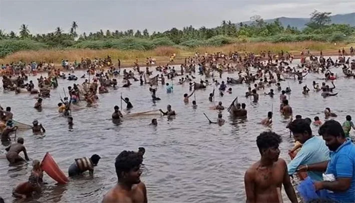 3 ஆண்டுகளுக்குப் பிறகு காரைக்குடி ஆலங்குடியில் களைகட்டிய மீன்பிடி திருவிழா: 10 கிலோ வரை மீன்களை அள்ளிச் சென்ற பொதுமக்கள்!