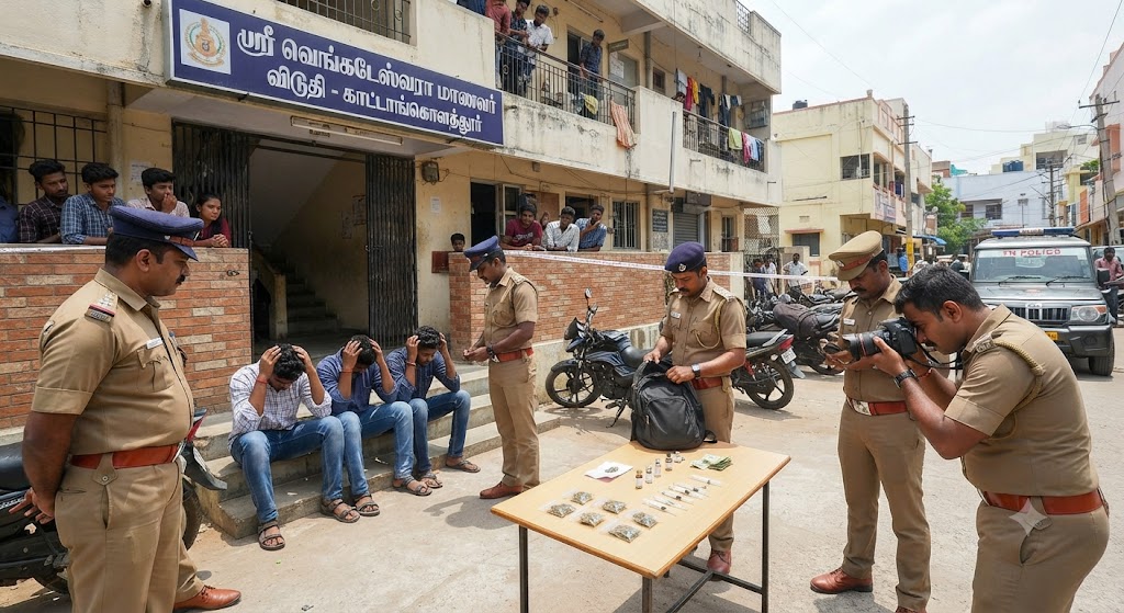 சென்னை காட்டாங்கொளத்தூர் பகுதியில் அதிரடி ரெய்டு: மாணவர்கள் தங்கியிருந்த அறைகளில் கஞ்சா, போதை ஊசிகள் பறிமுதல்!