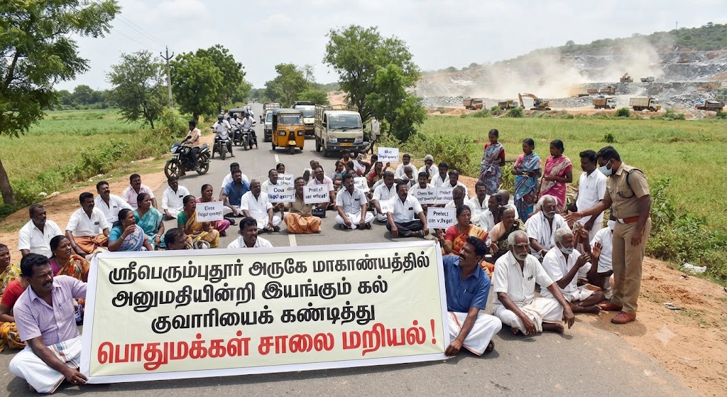 ஸ்ரீபெரும்புதூர் அருகே மாகாண்யத்தில் அனுமதியின்றி இயங்கும் கல் குவாரியைக் கண்டித்து பொதுமக்கள் சாலை மறியல்!