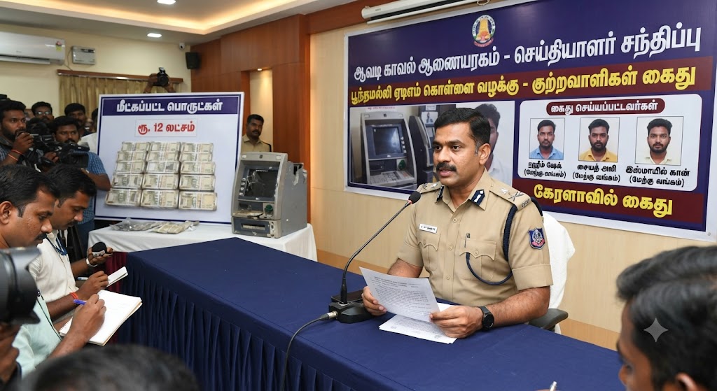 பூந்தமல்லி அருகே ஏடிஎம் எந்திரத்தை தூக்கிச் சென்று ரூ.12 லட்சம் கொள்ளை: மேற்கு வங்கத்தைச் சேர்ந்த 3 பேர் கேரளாவில் கைது - ஆவடி துணை கமிஷனர் பேட்டி!