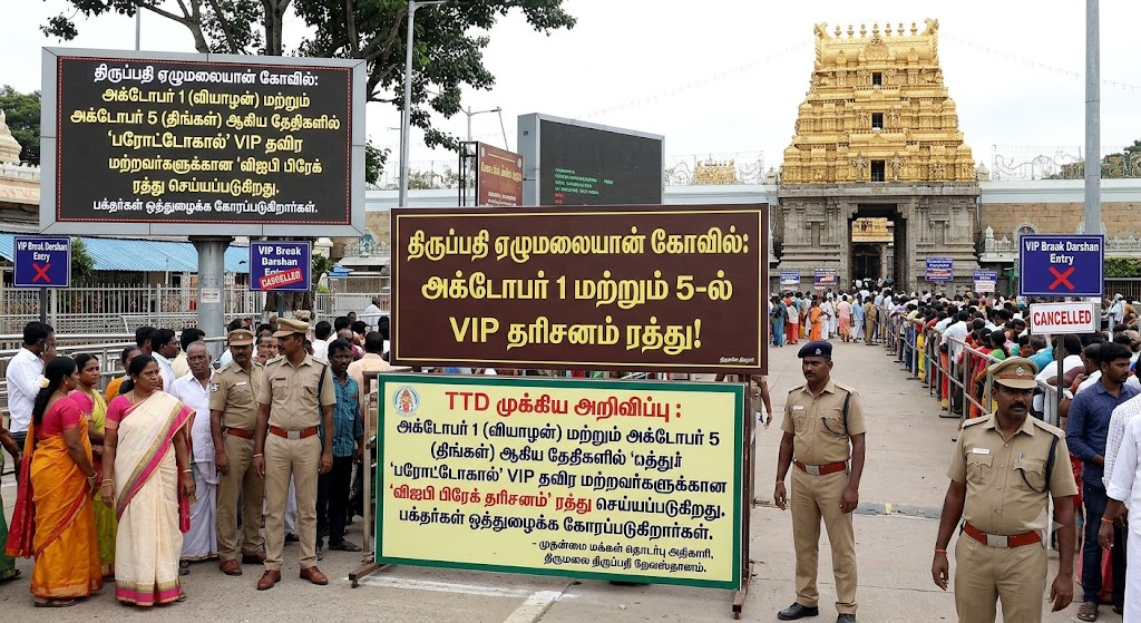 திருப்பதி ஏழுமலையான் கோவில்: அக்டோபர் 1 மற்றும் 5-ல் VIP தரிசனம் ரத்து!