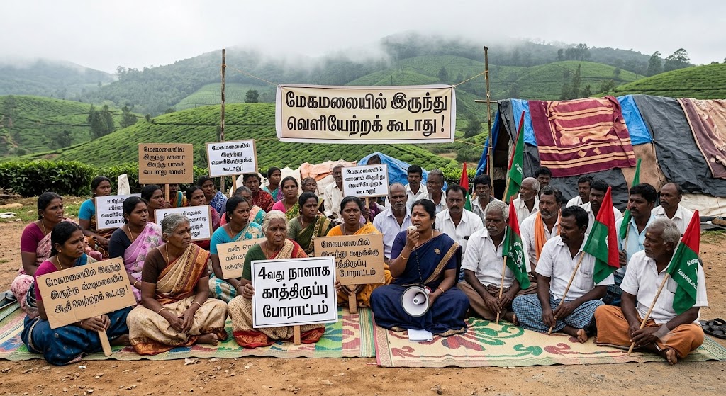 மேகமலையில் இருந்து வெளியேற்றக் கூடாது: 4வது நாளாக தொடரும் காத்திருப்பு போராட்டம்!