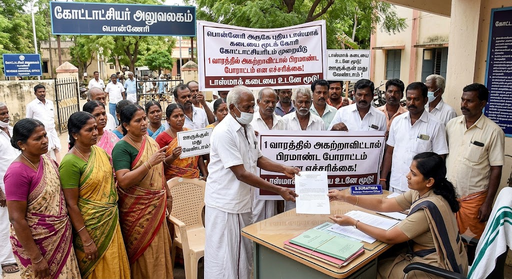 பொன்னேரி அருகே புதிய டாஸ்மாக் கடையை மூடக் கோரி கோட்டாட்சியரிடம் கிராம மக்கள் முறையீடு: 1 வாரத்தில் அகற்றாவிட்டால் பிரமாண்ட போராட்டம் என எச்சரிக்கை!