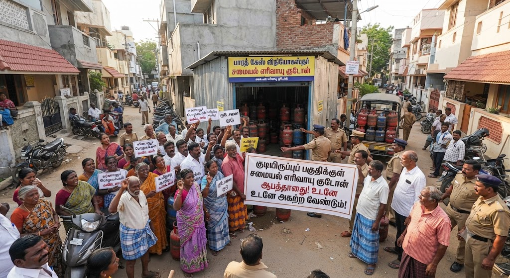 குடியிருப்புப் பகுதிக்குள் சமையல் எரிவாயு குடோன்: எர்ணாவூரில் பொதுமக்கள் திடீர் போராட்டம் மற்றும் முற்றுகையால் பரபரப்பு!
