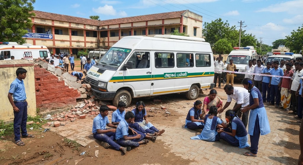 முசிறி அருகே விபத்து: அரசுப் பள்ளி சுற்றுச்சுவர் மீது வேன் மோதியதில் 9 மாணவர்கள் காயம்!