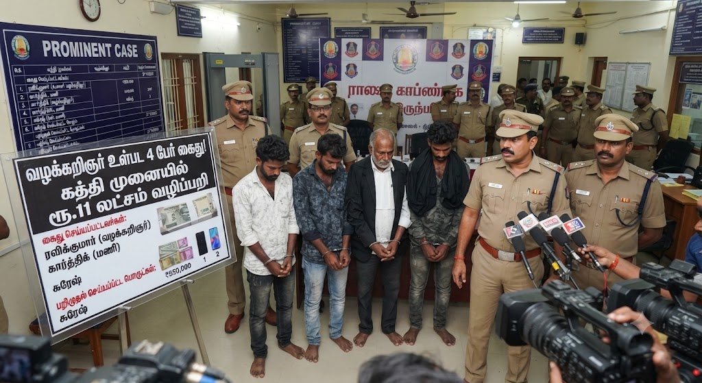 கத்தி முனையில் ரூ.11 லட்சம் வழிப்பறி - வழக்கறிஞர் உள்பட 4 பேர் கைது!