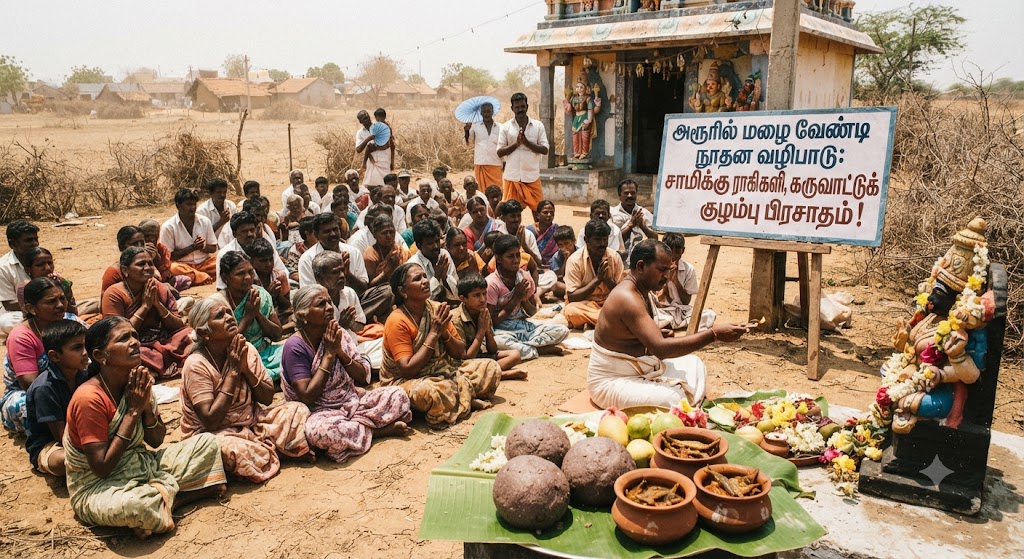 அரூரில் மழை வேண்டி நூதன வழிபாடு: சாமிக்கு ராகி களி, கருவாட்டுக் குழம்பு பிரசாதம்! கடுமையான வெயில் தாக்கம் மற்றும் குடிநீர் பஞ்சத்தால் அவதிப்பட்ட பொதுமக்கள் சிறப்புப் பிரார்த்தனை.