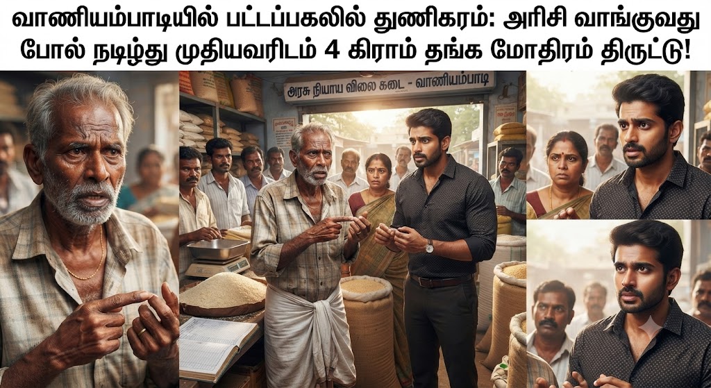 வாணியம்பாடியில் பட்டப்பகலில் துணிகரம்: அரிசி வாங்குவது போல் நடித்து முதியவரிடம் 4 கிராம் தங்க மோதிரம் திருட்டு!