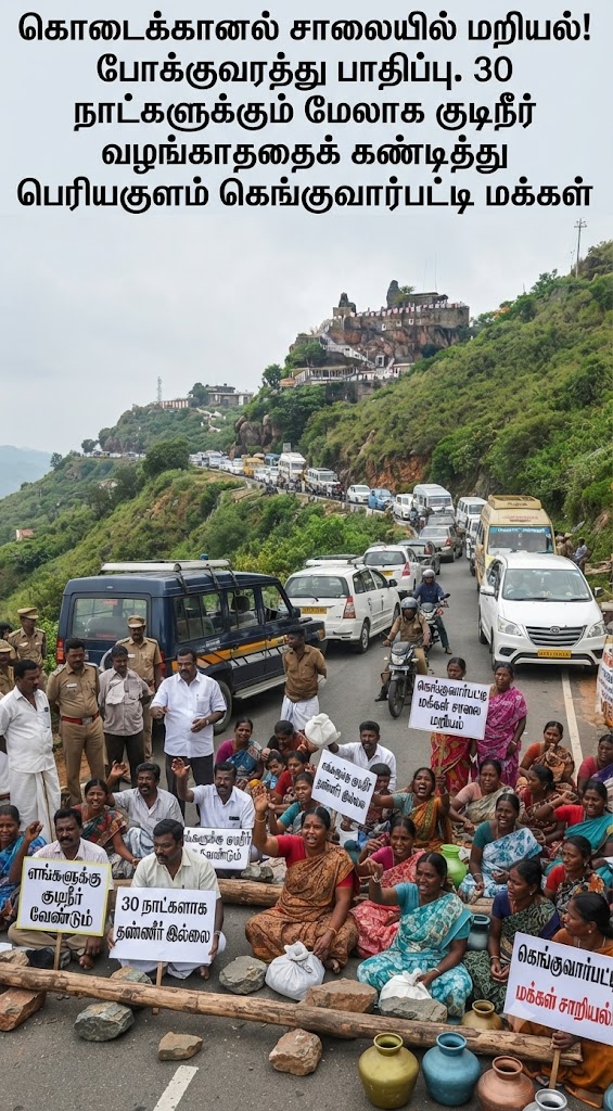 கொடைக்கானல் சாலையில் மறியல்! போக்குவரத்து பாதிப்பு.30 நாட்களுக்கும் மேலாக குடிநீர் வழங்காததைக் கண்டித்து பெரியகுளம் கெங்குவார்பட்டி மக்கள் 