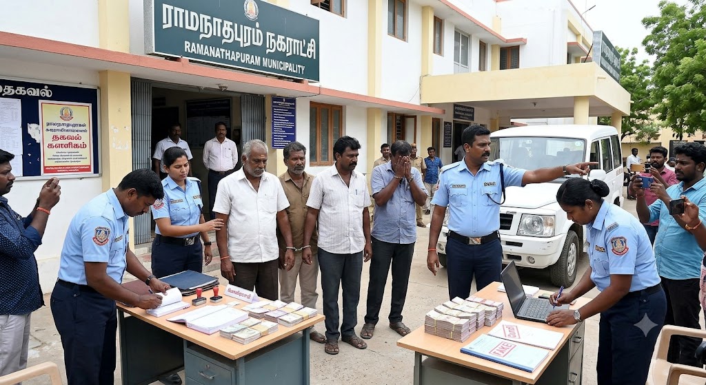 ராமநாதபுரம் நகராட்சியில் அதிர்ச்சி: போலி ரசீது தயாரித்து லட்சக்கணக்கில் மோசடி — லஞ்ச ஒழிப்புத் துறையால் 5 பேர் கைது!