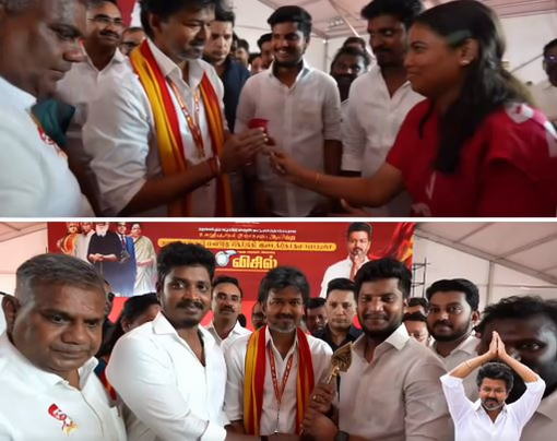 முதலமைச்சர் விஜய்க்கு வேல் கொடுத்து வரவேற்ற அமைச்சர்கள் ரமேஷ் & விக்னேஷ்.. ரெட் ரோஸ் கொடுத்த அமைச்சர் கீர்த்தனா.. சட்டென கொடுத்த ரியாக்சன்!