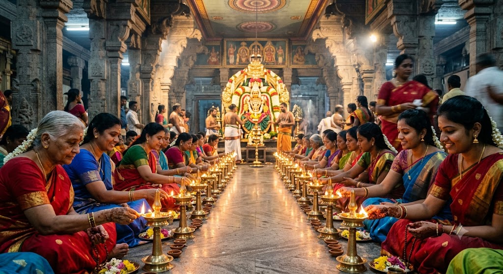 நவராத்திரி திருவிழா: தமிழகம் முழுவதும் அம்மன் ஆலயங்களில் திருவிளக்கு பூஜை – பக்தர்கள் பங்கேற்று வழிபாடு!