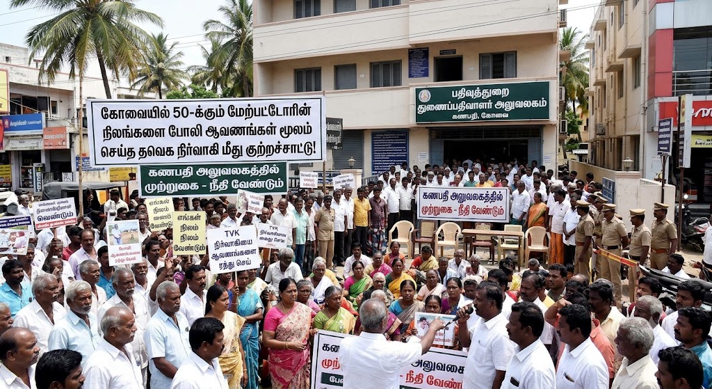 கோவையில் 50-க்கும் மேற்பட்டோரின் நிலங்களை போலி ஆவணங்கள் மூலம் பத்திரப்பதிவு செய்ததாகப் புகார்! தவெக நிர்வாகி மீது குற்றச்சாட்டு – கணபதி அலுவலகத்தில் முற்றுகை