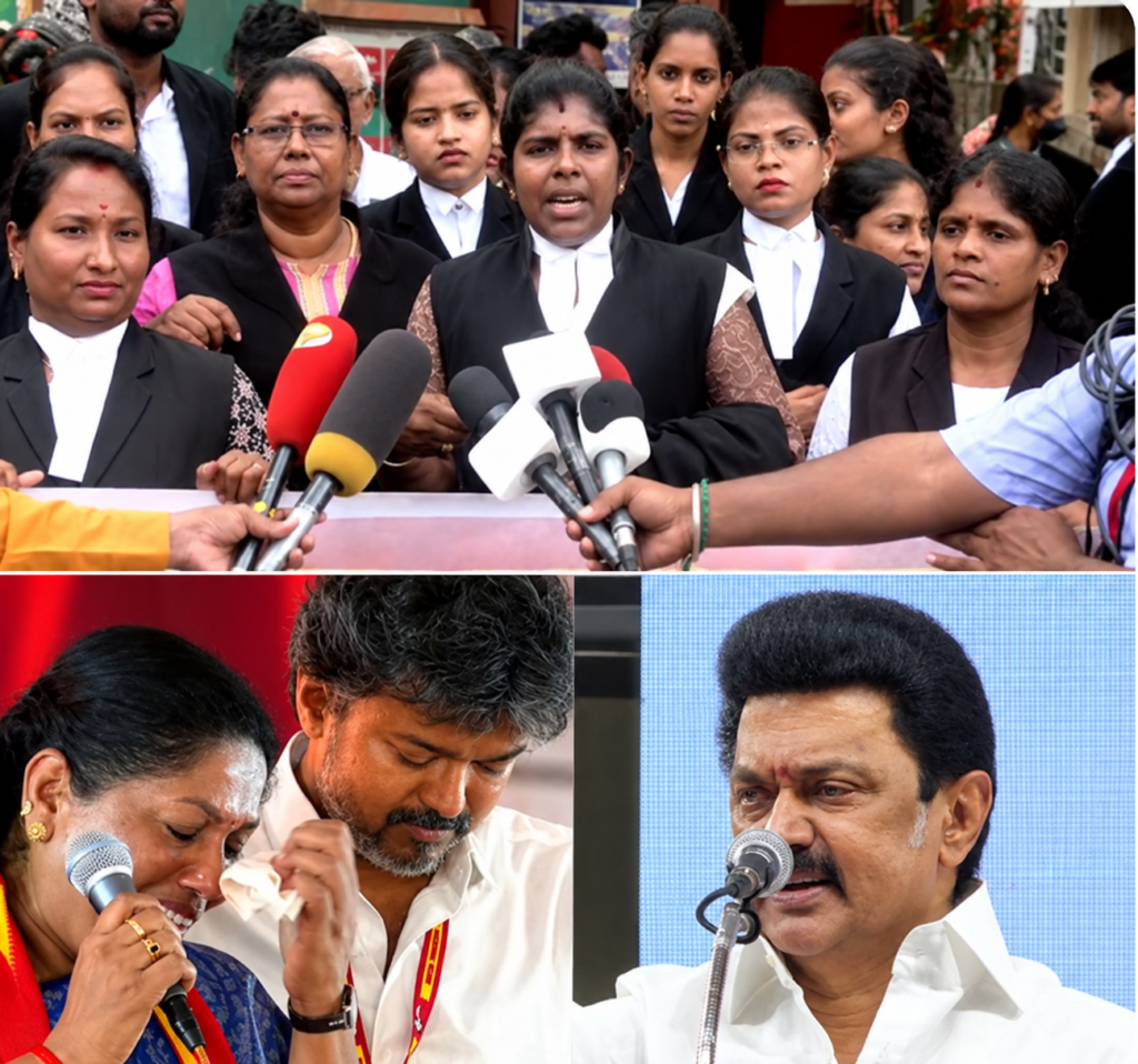 ‘மு.க.ஸ்டாலின் மன்னிப்பு கேட்டே ஆகவேண்டும்’ – சத்யபாமாவை உருவகேலி செய்ததாக குற்றச்சாட்டு; தவெக வழக்கறிஞர்கள் கண்டன ஆர்ப்பாட்டம்